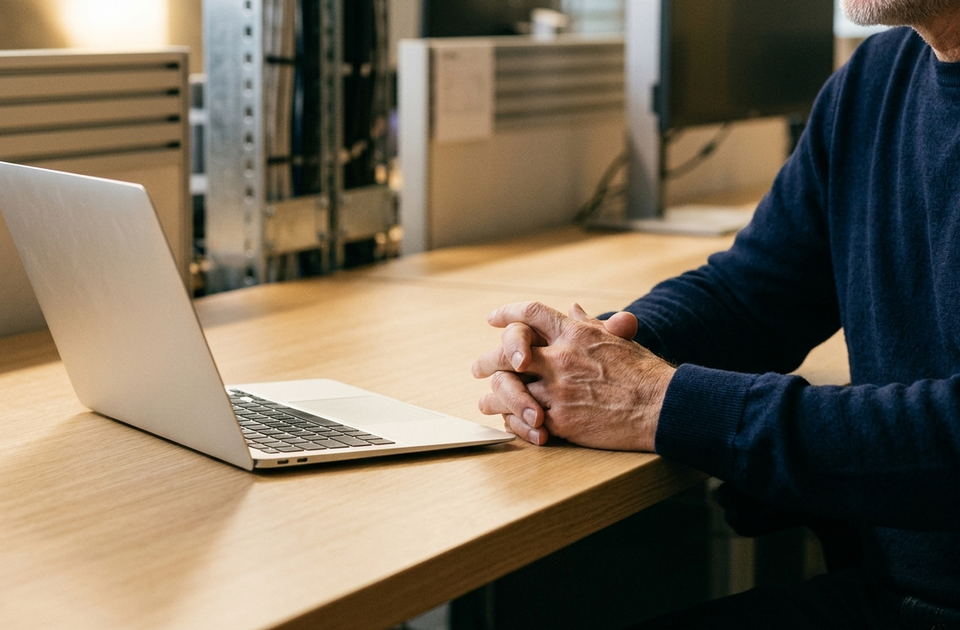 Man in blue shirt working at wooden desk with open laptop in warehouse facility with metal shelving