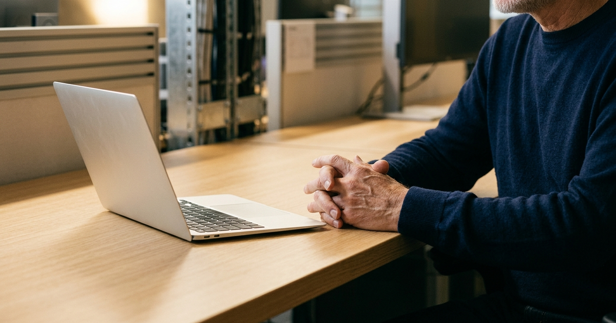 Man in blue shirt working at wooden desk with open laptop in warehouse facility with metal shelving