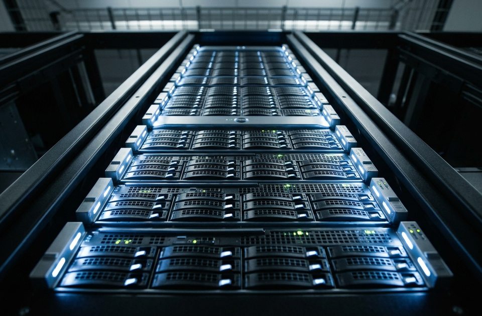 Vertical view down data center server rack with stacked IBM i hosting infrastructure and blue LED lights illuminating...