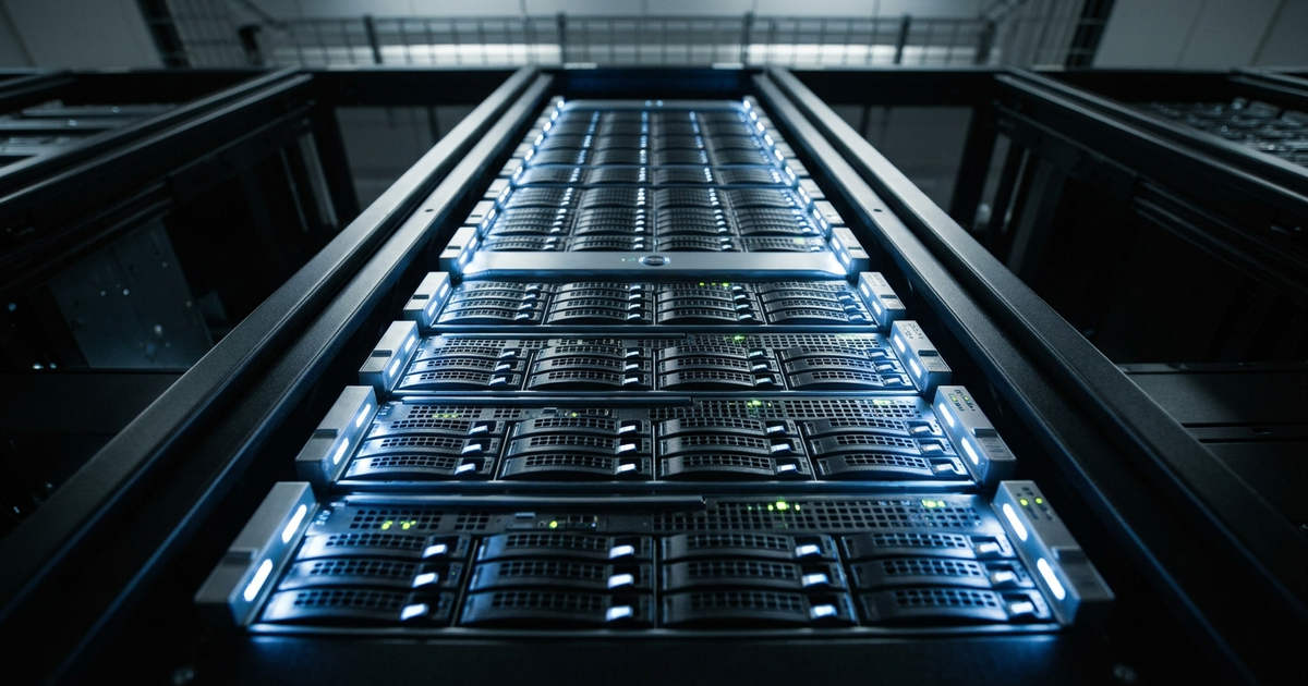 Vertical view down data center server rack with stacked IBM i hosting infrastructure and blue LED lights illuminating...