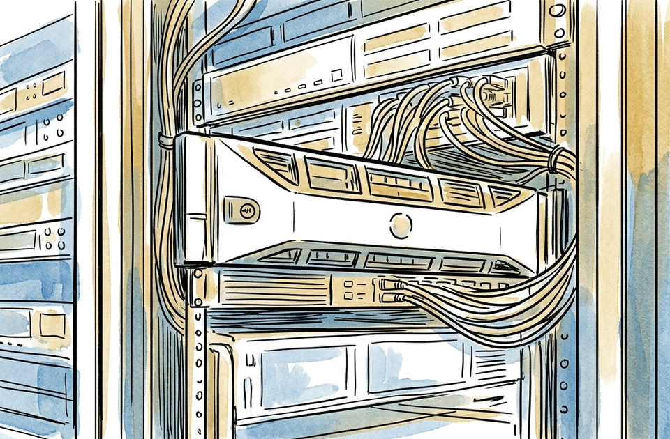 Watercolor illustration of server rack with tangled cables and IBM i hardware components representing IBM i total cost of...