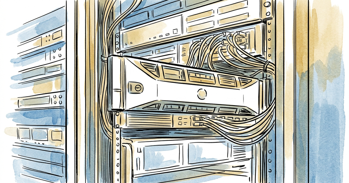 Watercolor illustration of server rack with tangled cables and IBM i hardware components representing IBM i total cost of...