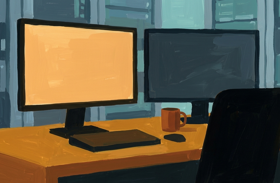 Modern office desk setup with monitor displaying yellow screen and laptop for IBM i V5R3 migration work