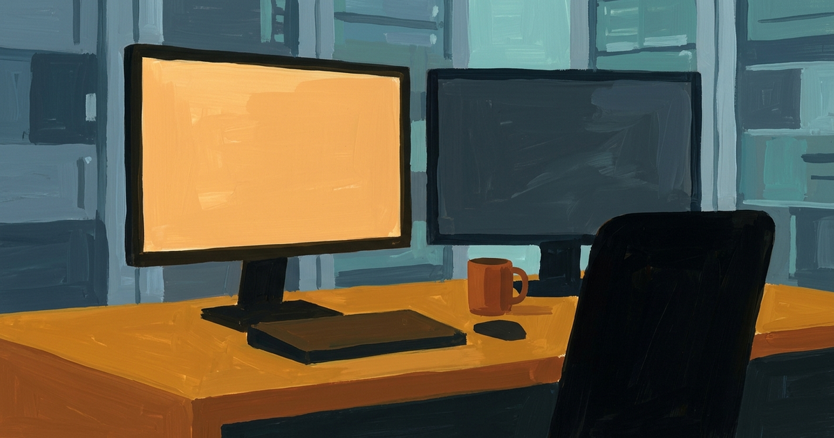 Modern office desk setup with monitor displaying yellow screen and laptop for IBM i V5R3 migration work