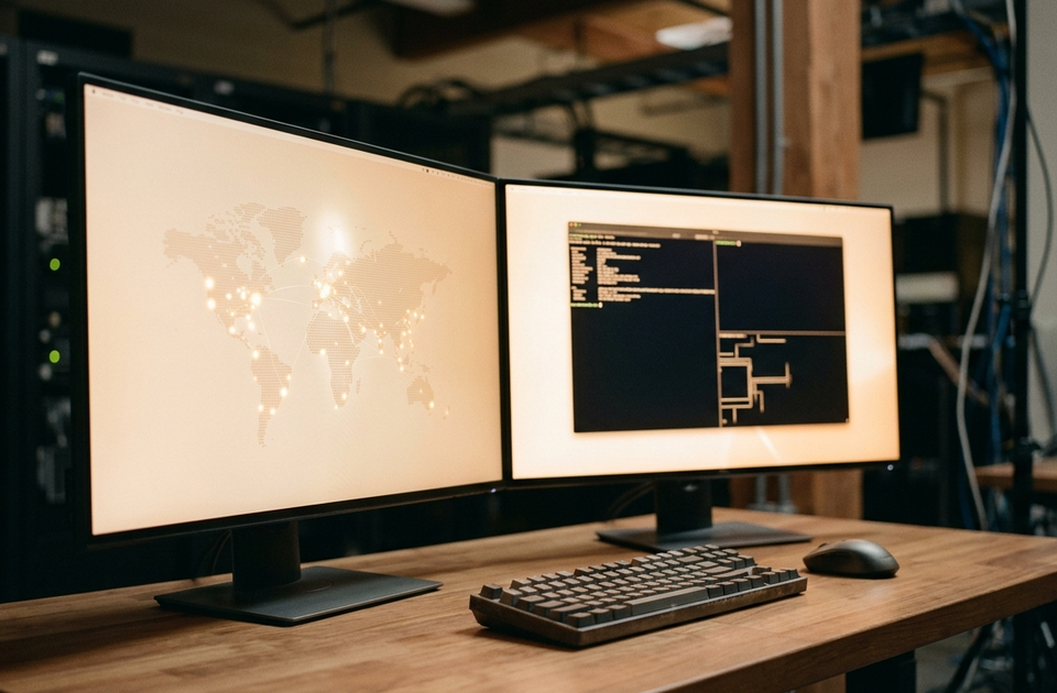 Dual monitor setup displaying world map and system architecture diagrams on wooden desk in server room with IBM i V7.4...