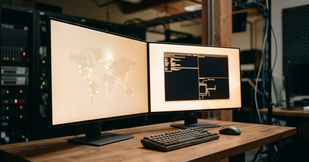 Dual monitor setup displaying world map and system architecture diagrams on wooden desk in server room with IBM i V7.4...