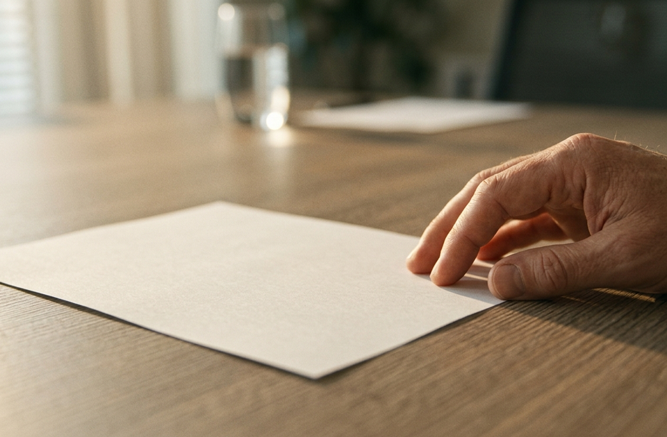 Hand resting on blank white envelope at wooden desk with blurred office background