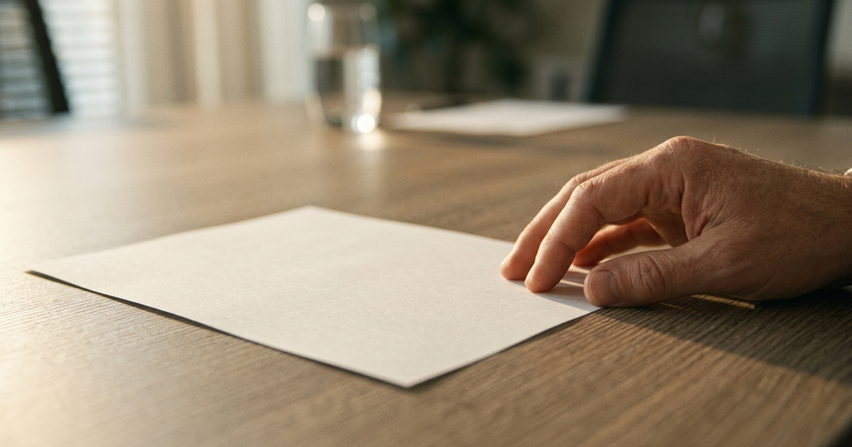 Hand resting on blank white envelope at wooden desk with blurred office background