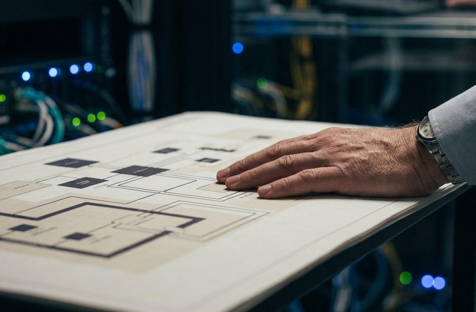 Engineer's hand reviewing IBM i DR test failure blueprint in data center with server lights