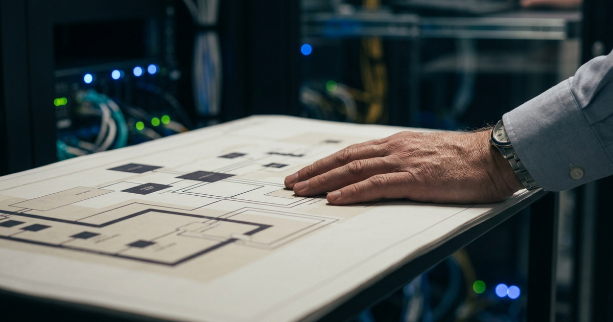 Engineer's hand reviewing IBM i DR test failure blueprint in data center with server lights