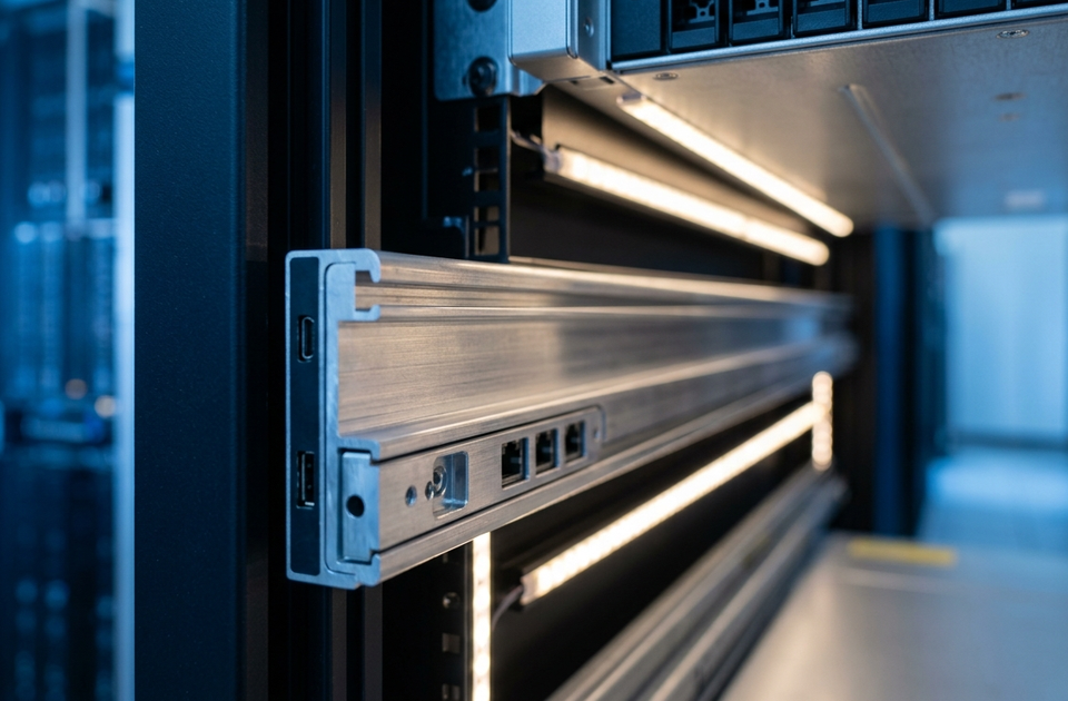 Server rack with IBM i LPAR hardware mounted showing illuminated networking ports and connections in blue-lit data center