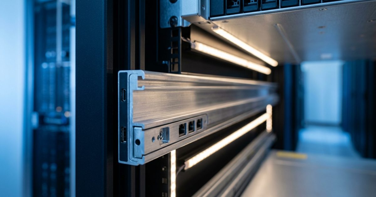 Server rack with IBM i LPAR hardware mounted showing illuminated networking ports and connections in blue-lit data center
